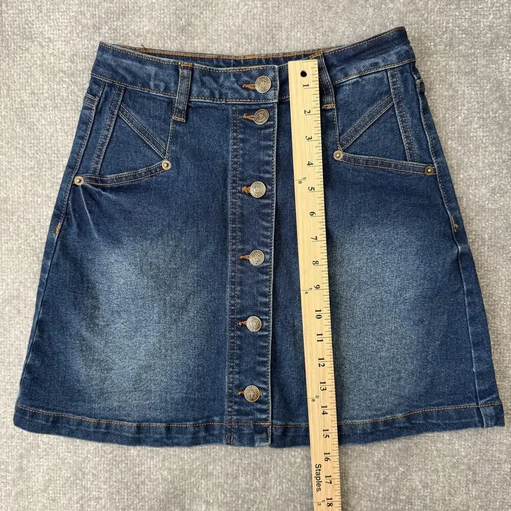 FRYE Skirt Womens 2 Blue Denim Button Front A-Line Pockets Stretch Jean Casual